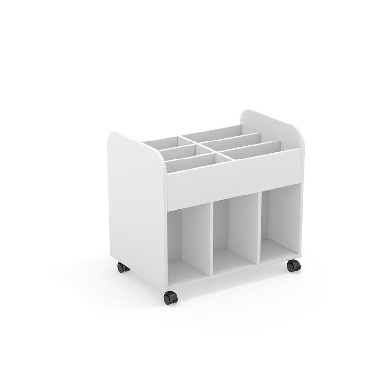 DAN- High book trolley with castors. White. WOOD couloured side panels