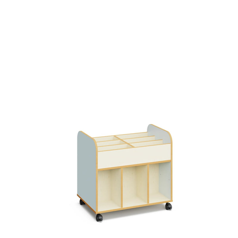 DAN- High book trolley with castors. White. Coulered side panels navy blue