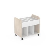 DAN- High book trolley with castors. White. Coulered side panels navy blue