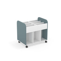 DAN- High book trolley with castors. White. Coulered side panels in blue glaciar