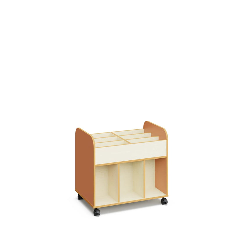 DAN- High book trolley with castors. White. Coulered side panels in white