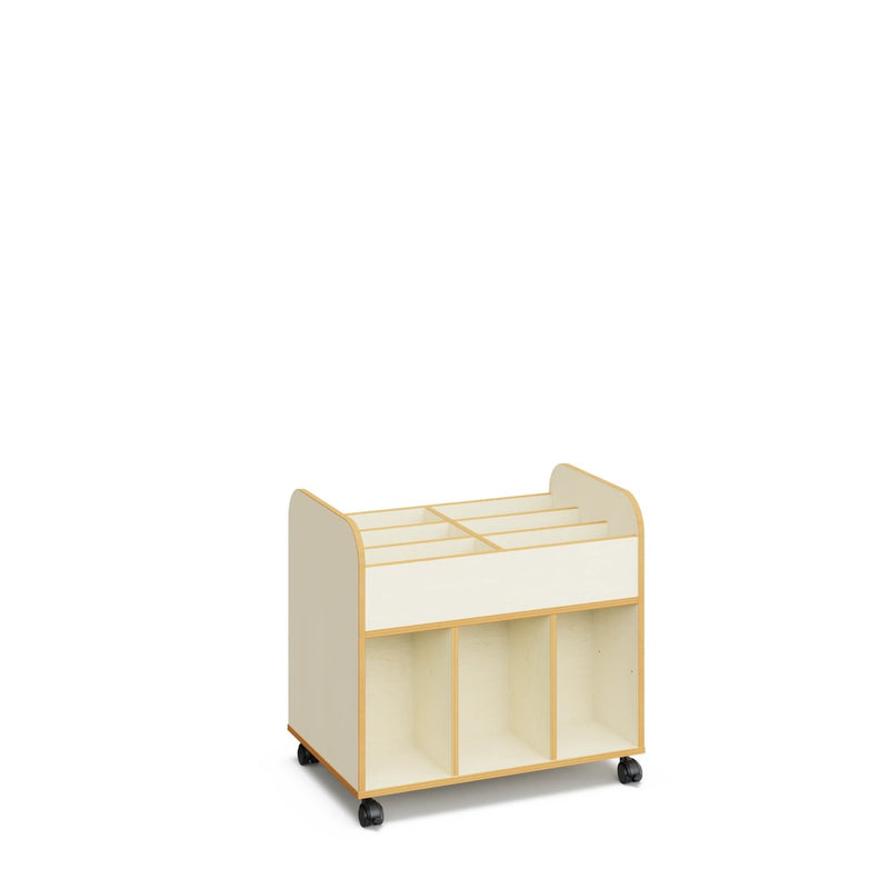 DAN- High book trolley with castors. White. Coulered side panels in Maple White