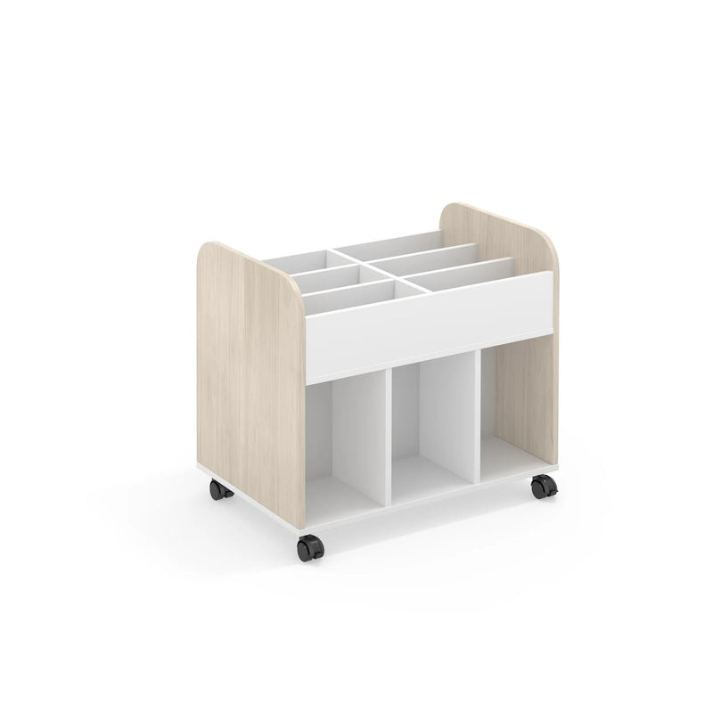 DAN- High book trolley with castors. White. WOOD couloured side panels