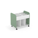 DAN- High book trolley with castors. White. WOOD couloured side panels