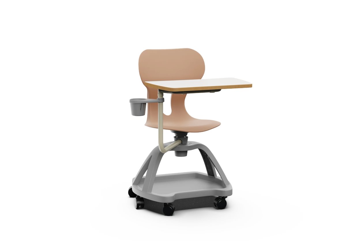 LIA TABLE – Chair with PP Base and Castors, Folding Writing Tablet, Lower Tray – Light Terracotta