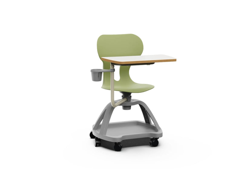 LIA TABLE – Chair with PP Base and Castors, Folding Writing Tablet, Lower Tray – Olive Green