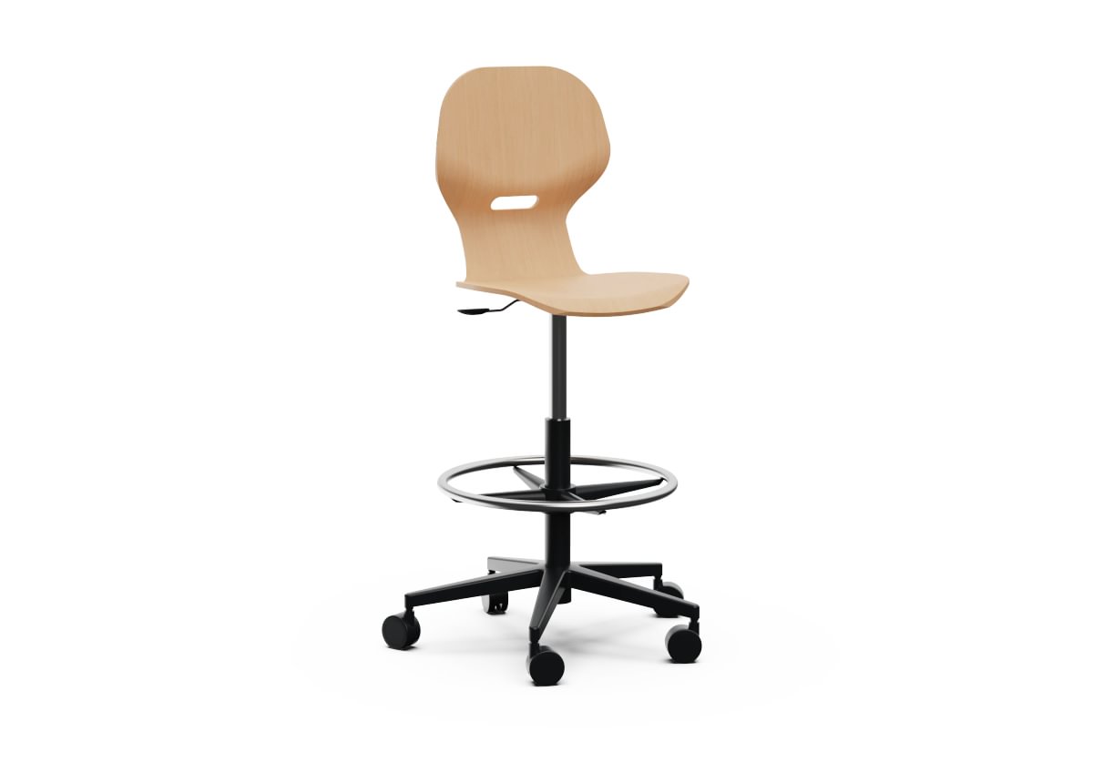 LIA WOOD STOOL – High Wooden Swivel Stool with Gas Lift and Castor Base.